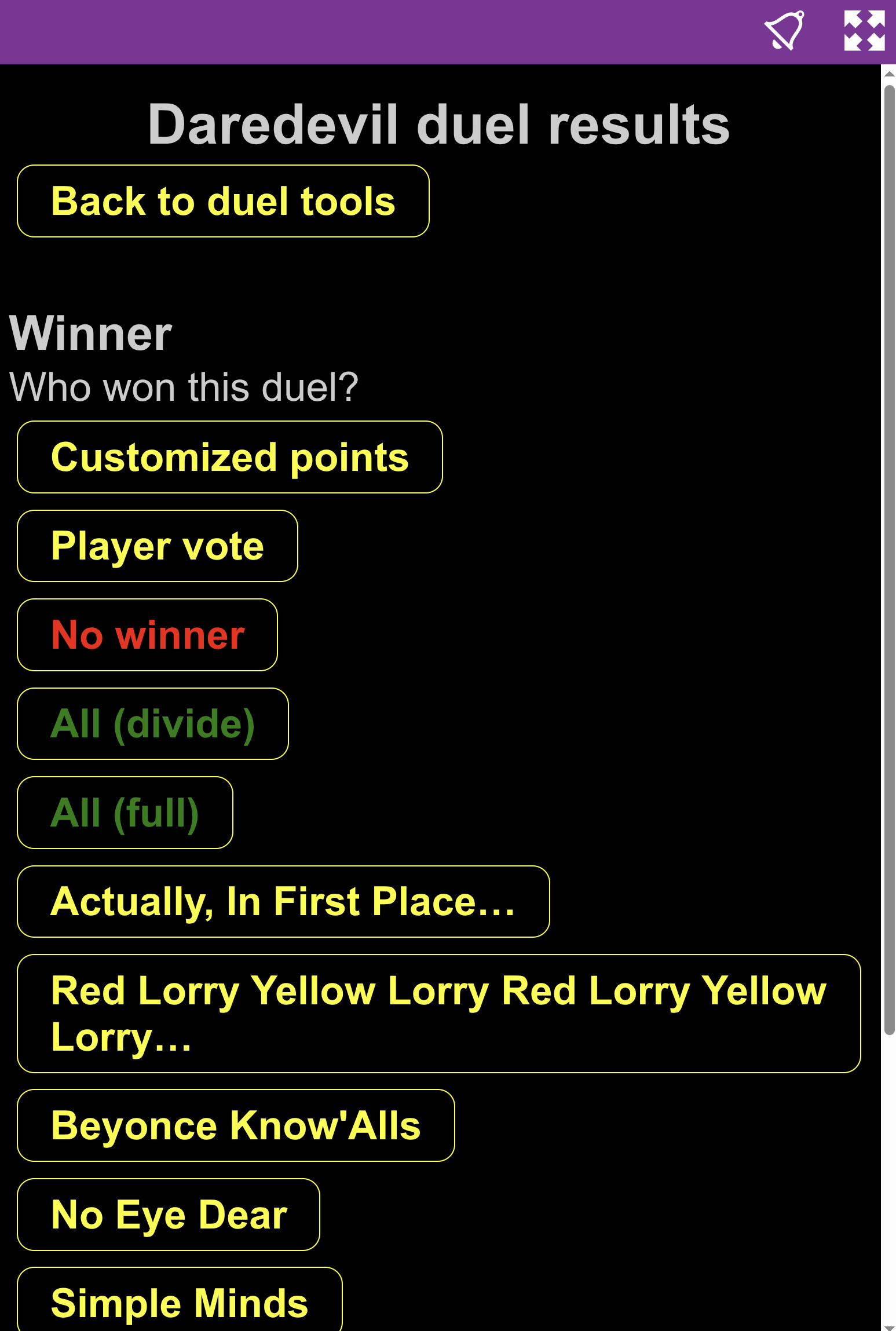 Winner selection screen