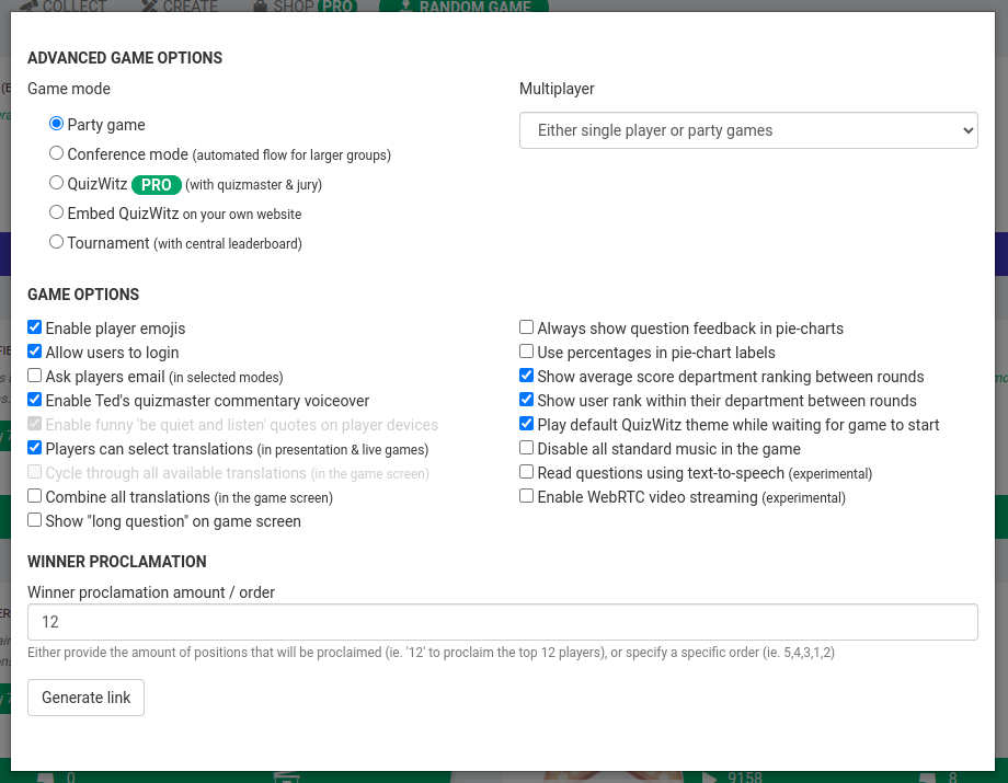 Screenshot of advanced game settings