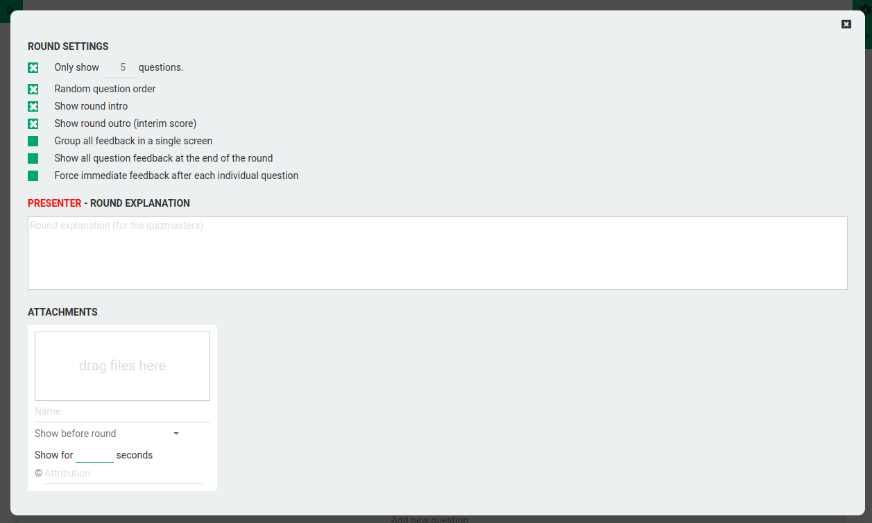 Screenshot of round settings for a conference booth