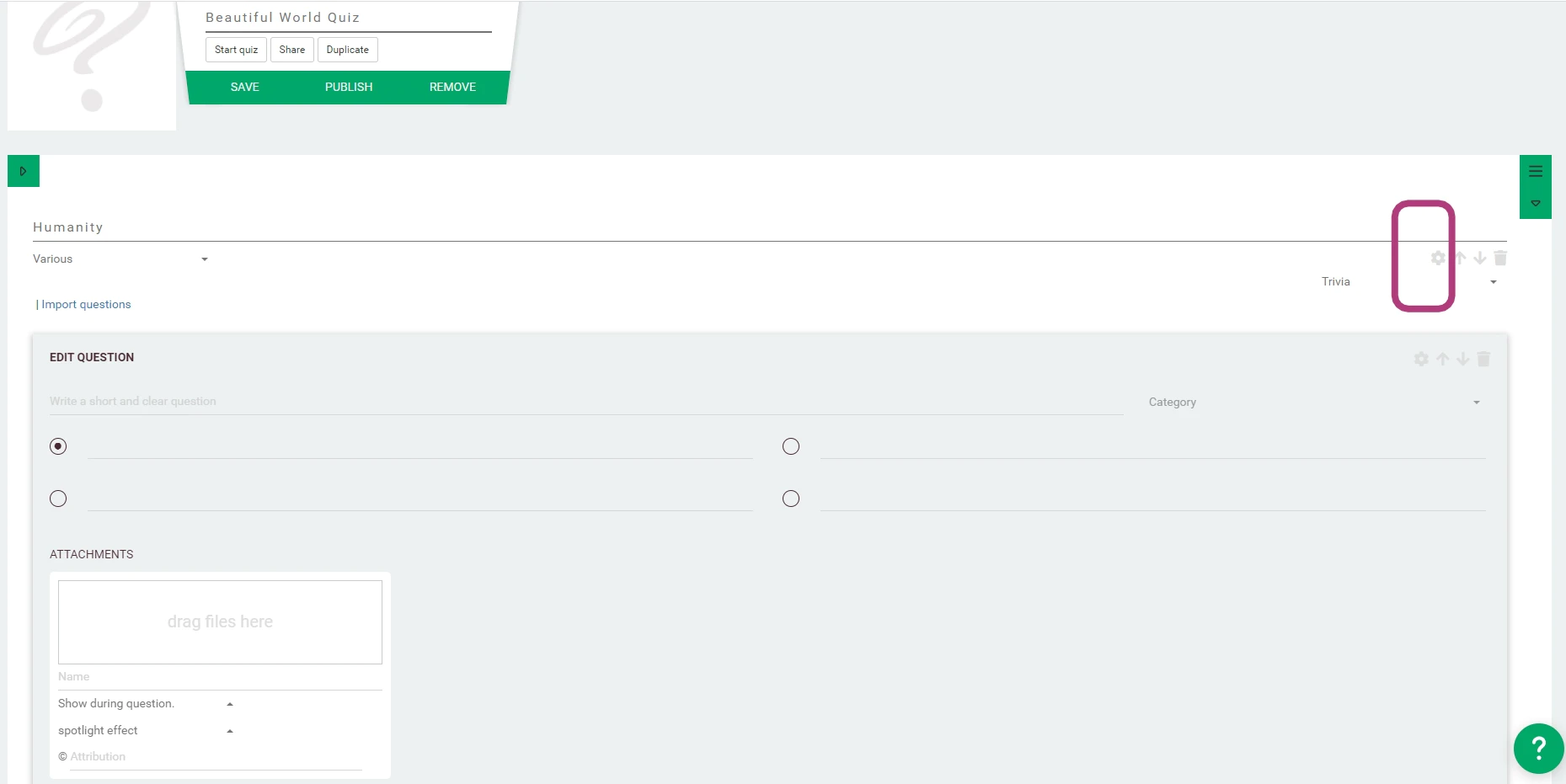 Abrir opciones del cuestionario