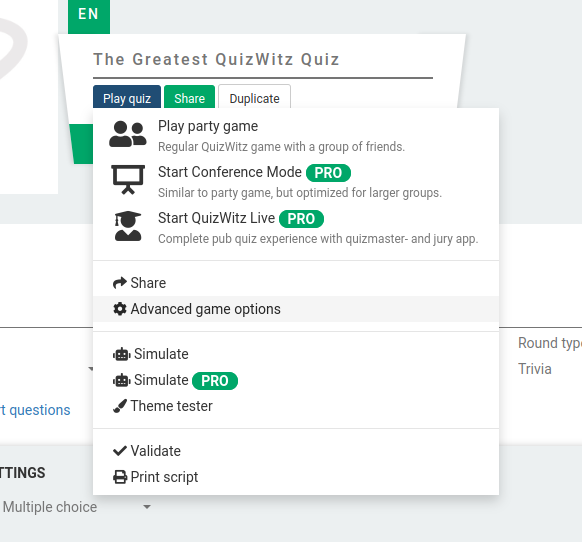 Una captura del menú "Iniciar quiz"