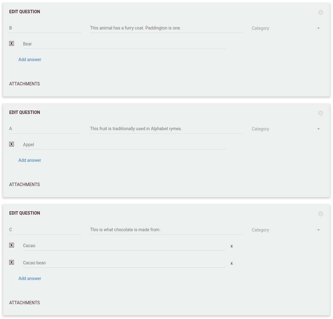 क्विज़ एडिटर में वर्णमाला राउंड का स्क्रीनशॉट