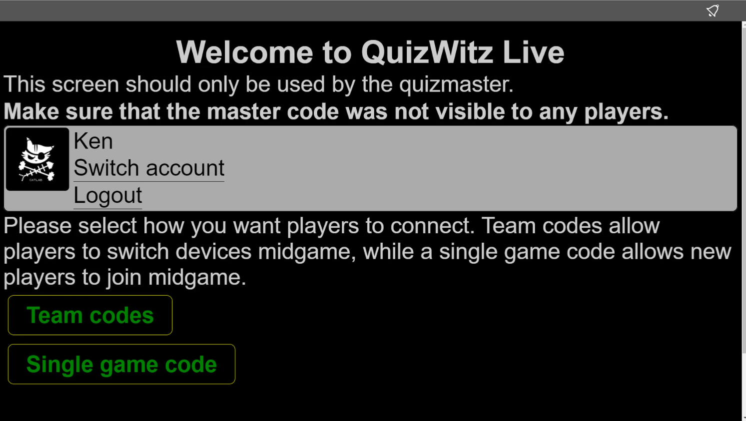 Quizmaster App - seleziona modalità