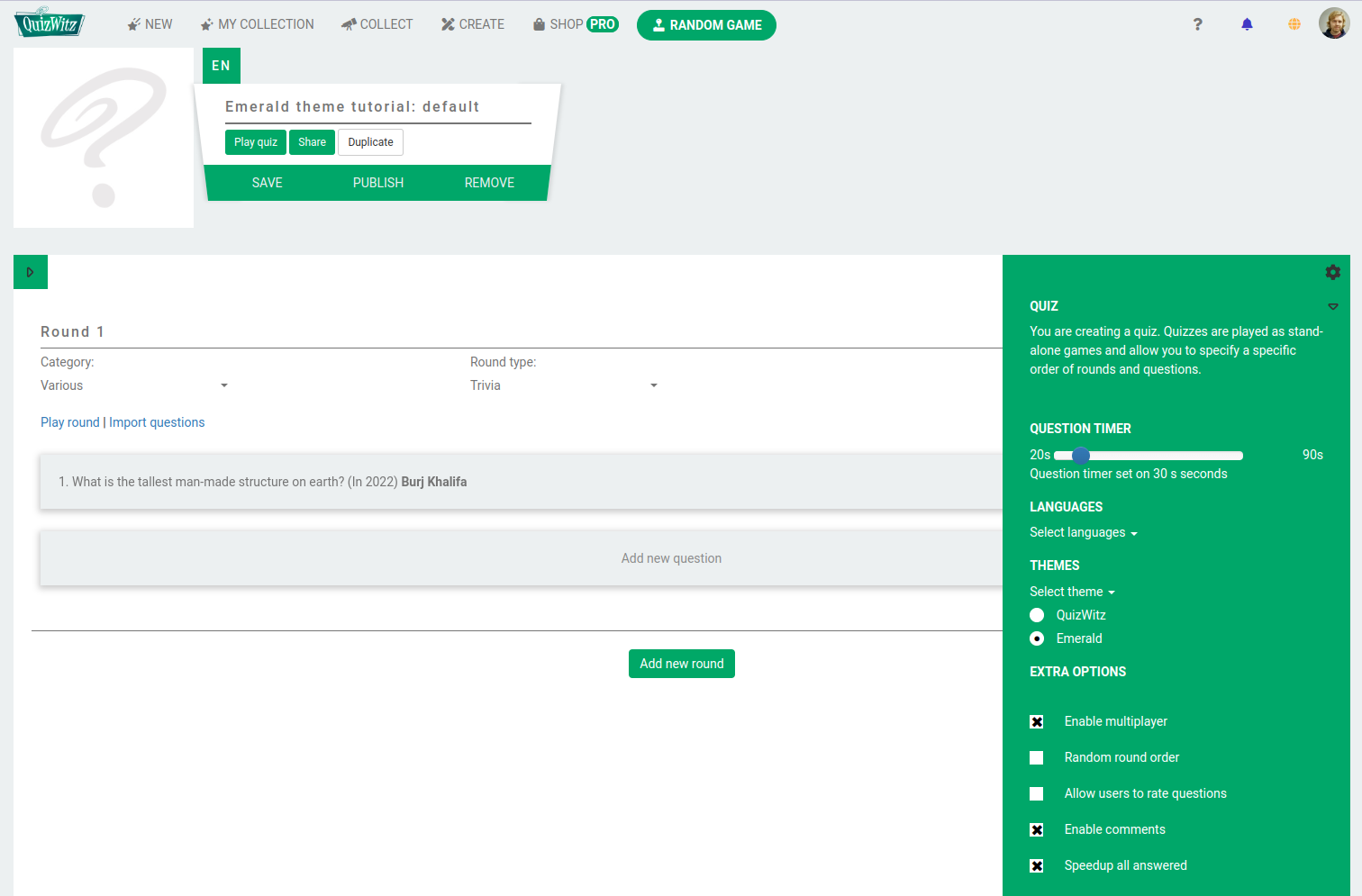 Een screenshot van de quizinstellingen